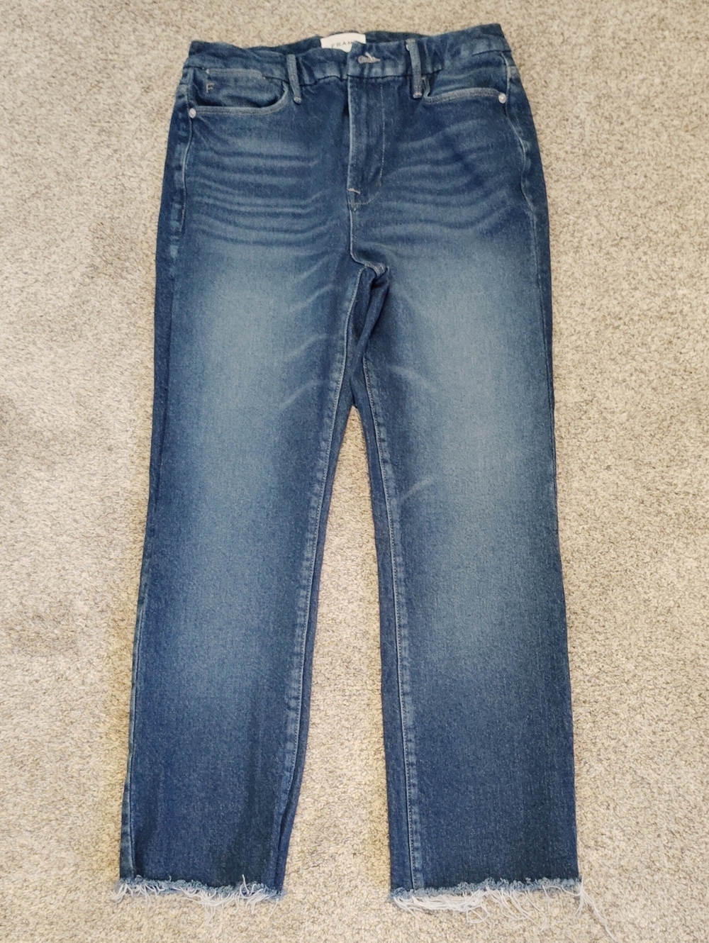 Frame Denim Women's Straight Leg Jeans in Medium Blue with Frayed Hem
